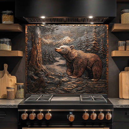 Stainless steel stove with bear back splash on a mountain scene in a kitchen setting