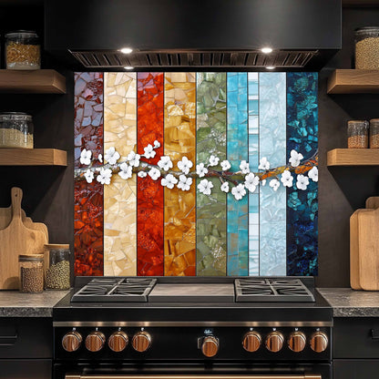 Kitchen stove with colorful mosaic backsplash and wooden shelves.