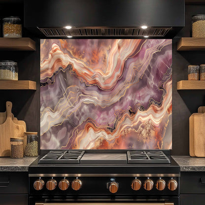 Kitchen stove with a decorative backsplash featuring swirling colors.