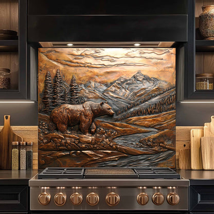Stainless steel stove with decorative mountain scene backsplash