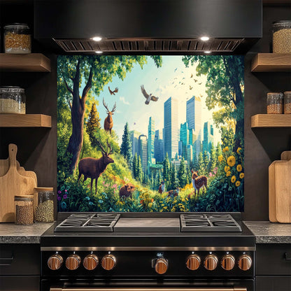 Kitchen stove with a nature-themed glass backsplash featuring deer and trees.