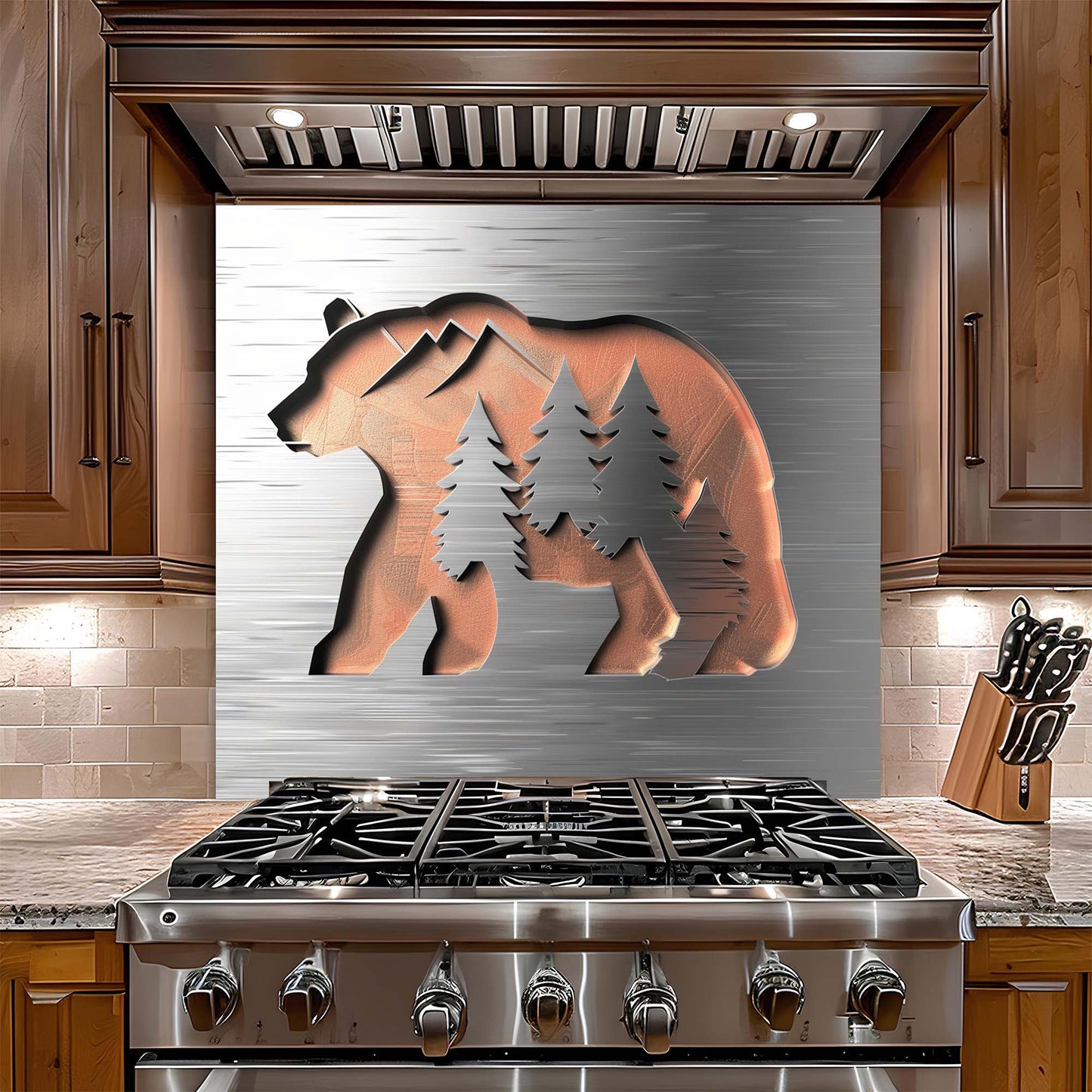 Stainless steel stove with bear and tree design on backsplash in a kitchen setting