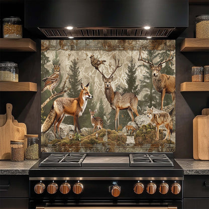 Kitchen stove with a forest-themed glass backsplash featuring animals like deer, fox, and wolf.