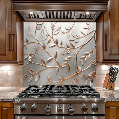 Stainless steel gas stove with decorative glass backsplash in a kitchen setting