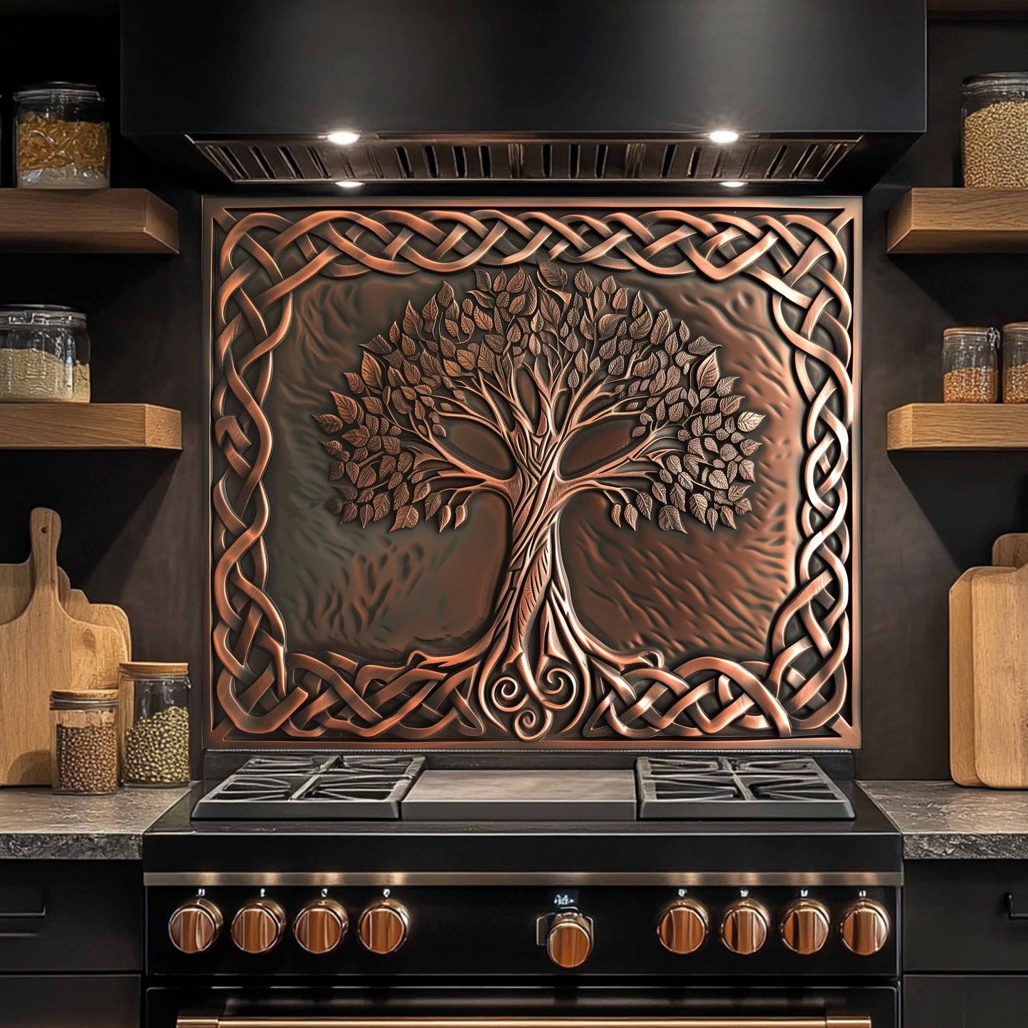 Custom tempered glass backsplash with copper look tree of life design knot border