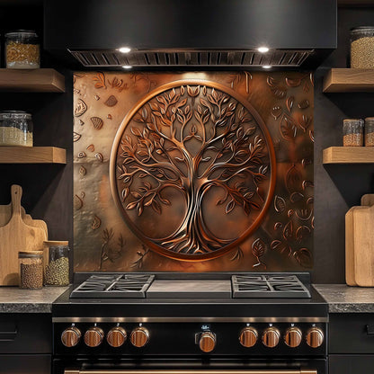 Stove with decorative copper tree panel in a kitchen setting