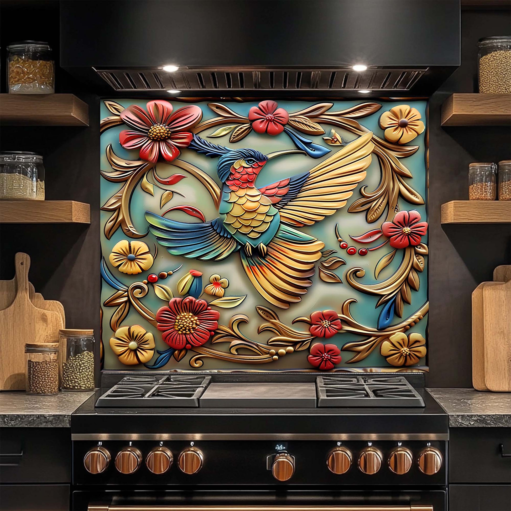 Decorative glass backsplash with a colorful bird and floral design above a stove in a kitchen.