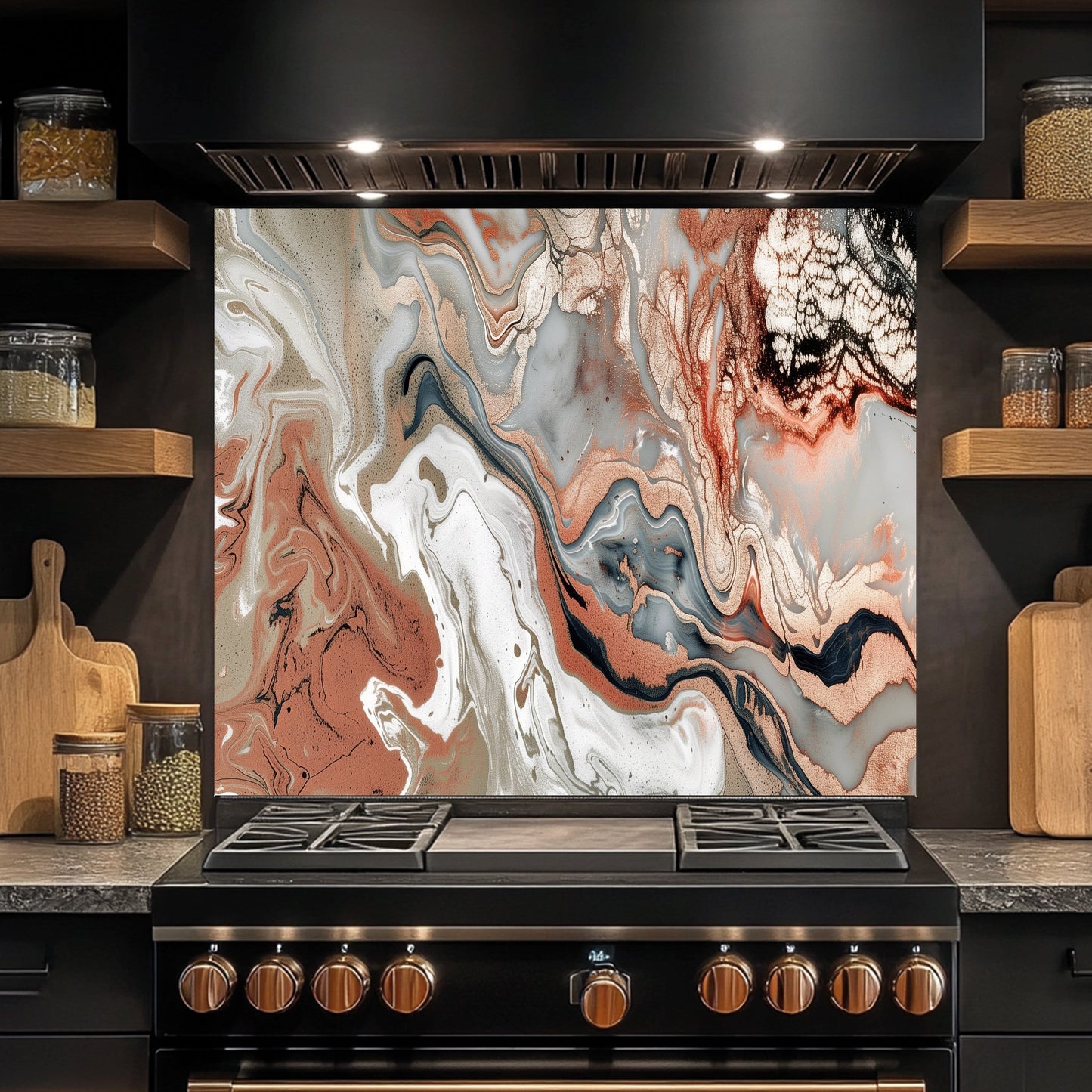 Stainless steel stove with abstract glass splashback in a kitchen setting