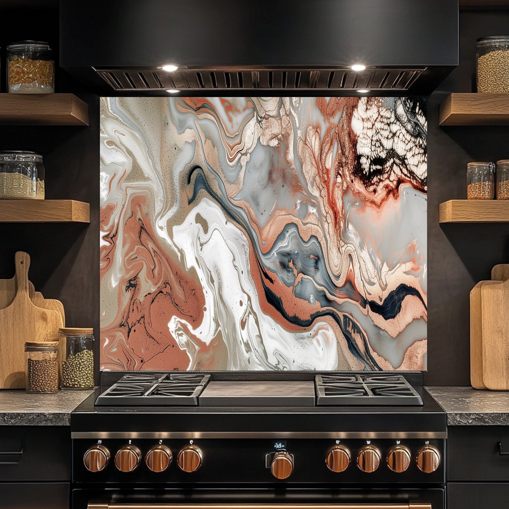Stainless steel stove with abstract glass splashback in a kitchen setting