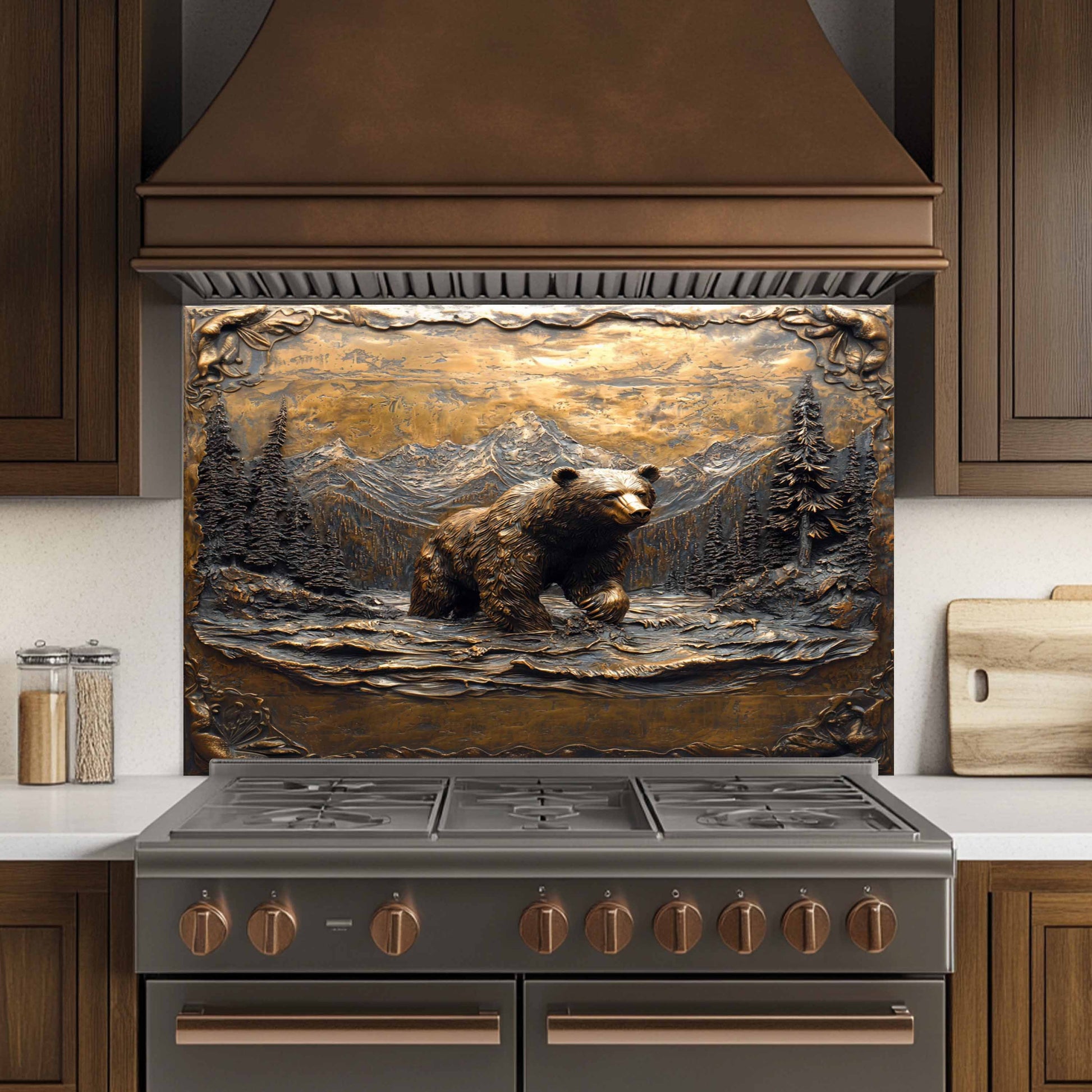 Stainless steel stove with decorative bear scene backsplash in a kitchen setting