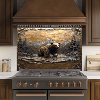 Stainless steel stove with decorative bear scene backsplash in a kitchen setting