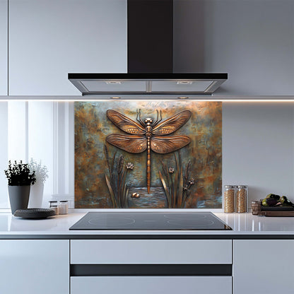 Kitchen with a decorative glass splashback featuring a dragonfly design.