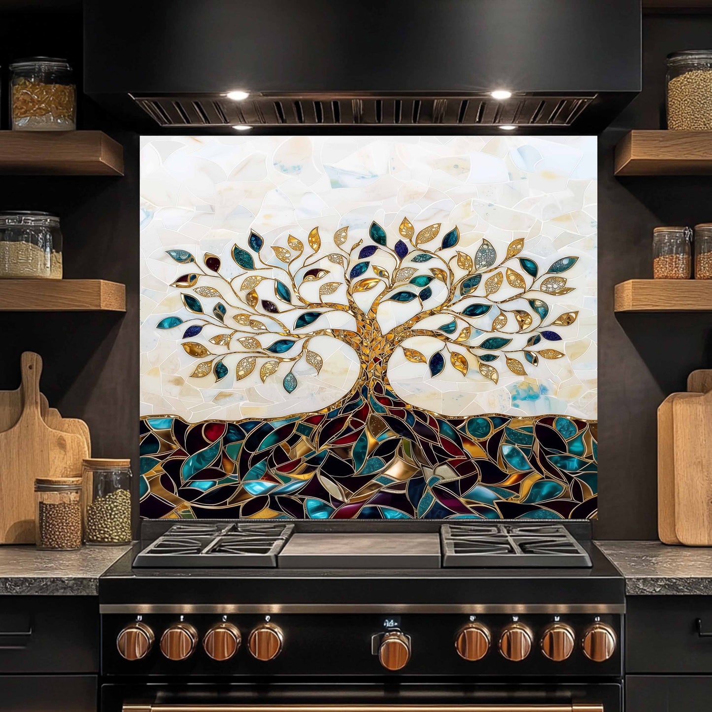 Decorative glass splashback with tree design above a stove in a kitchen.