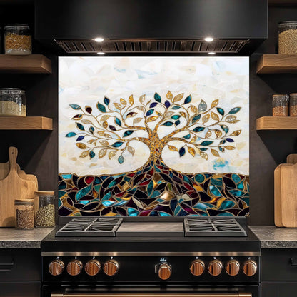 Decorative glass splashback with tree design above a stove in a kitchen.