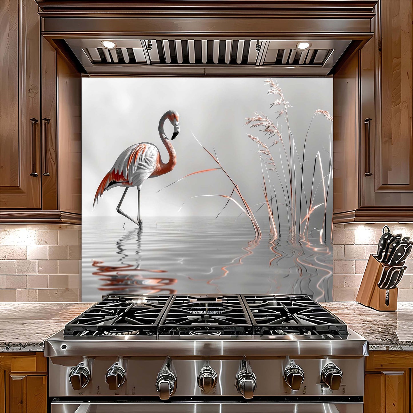 Stainless steel stove with decorative glass backsplash featuring a flamingo in a natural setting.