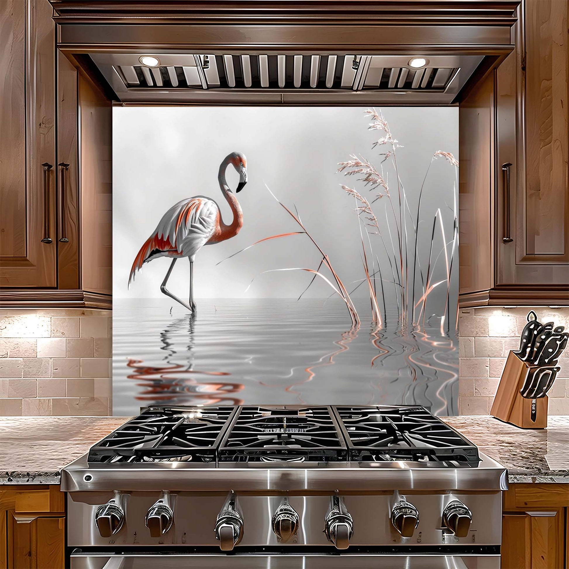 Stainless steel stove with decorative glass backsplash featuring a flamingo in a natural setting.