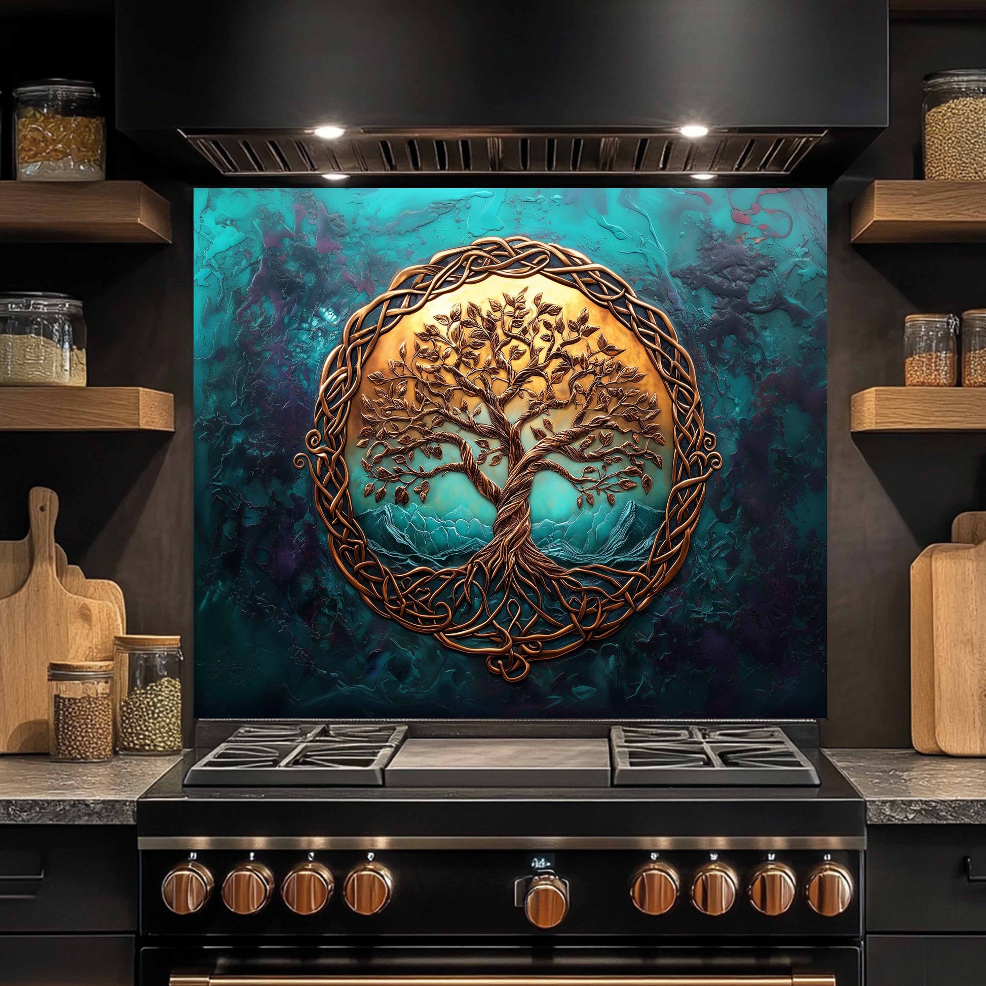 Decorative backsplash with tree design over a stove in a kitchen setting