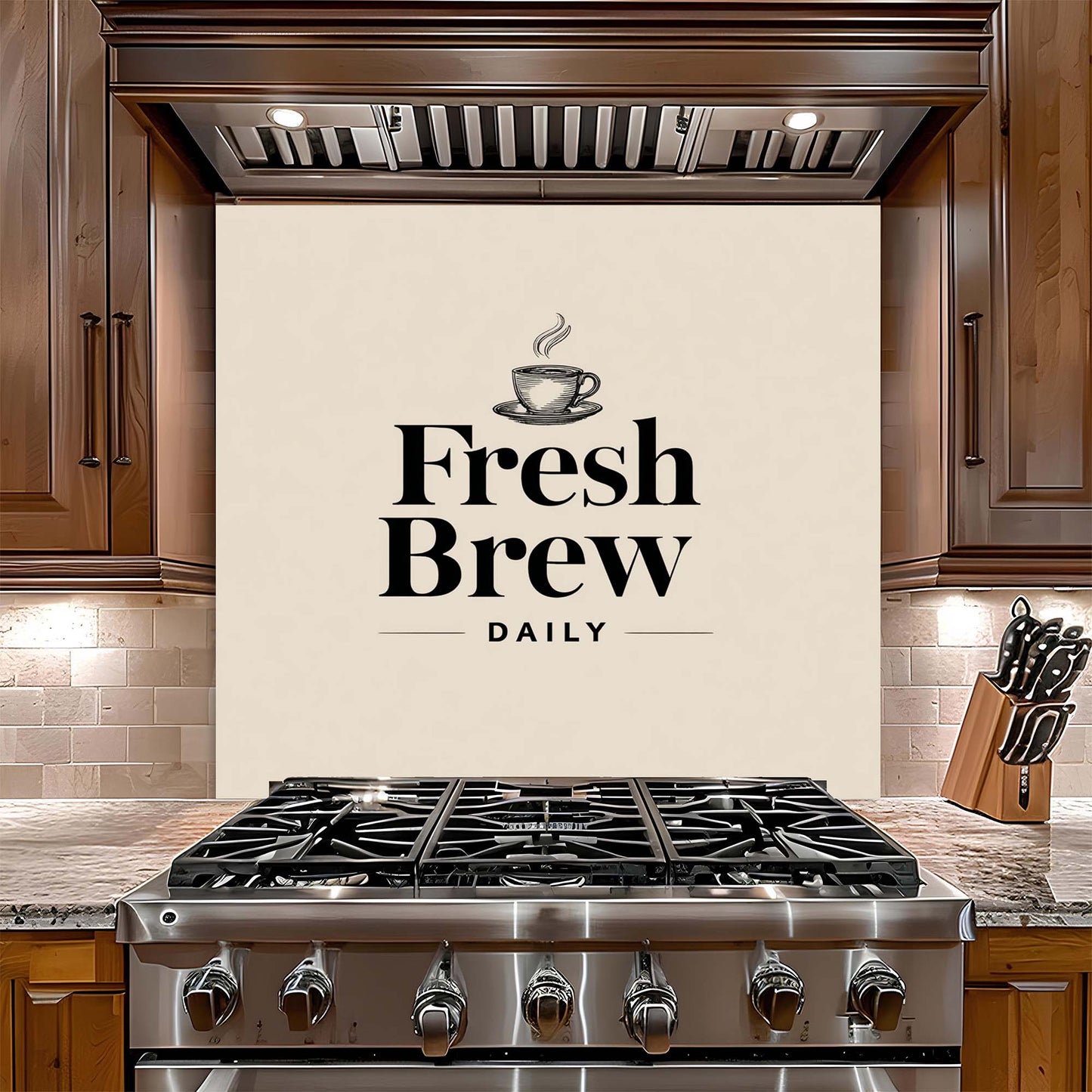 Kitchen with a stove and 'Fresh Brew Daily' glass backsplash