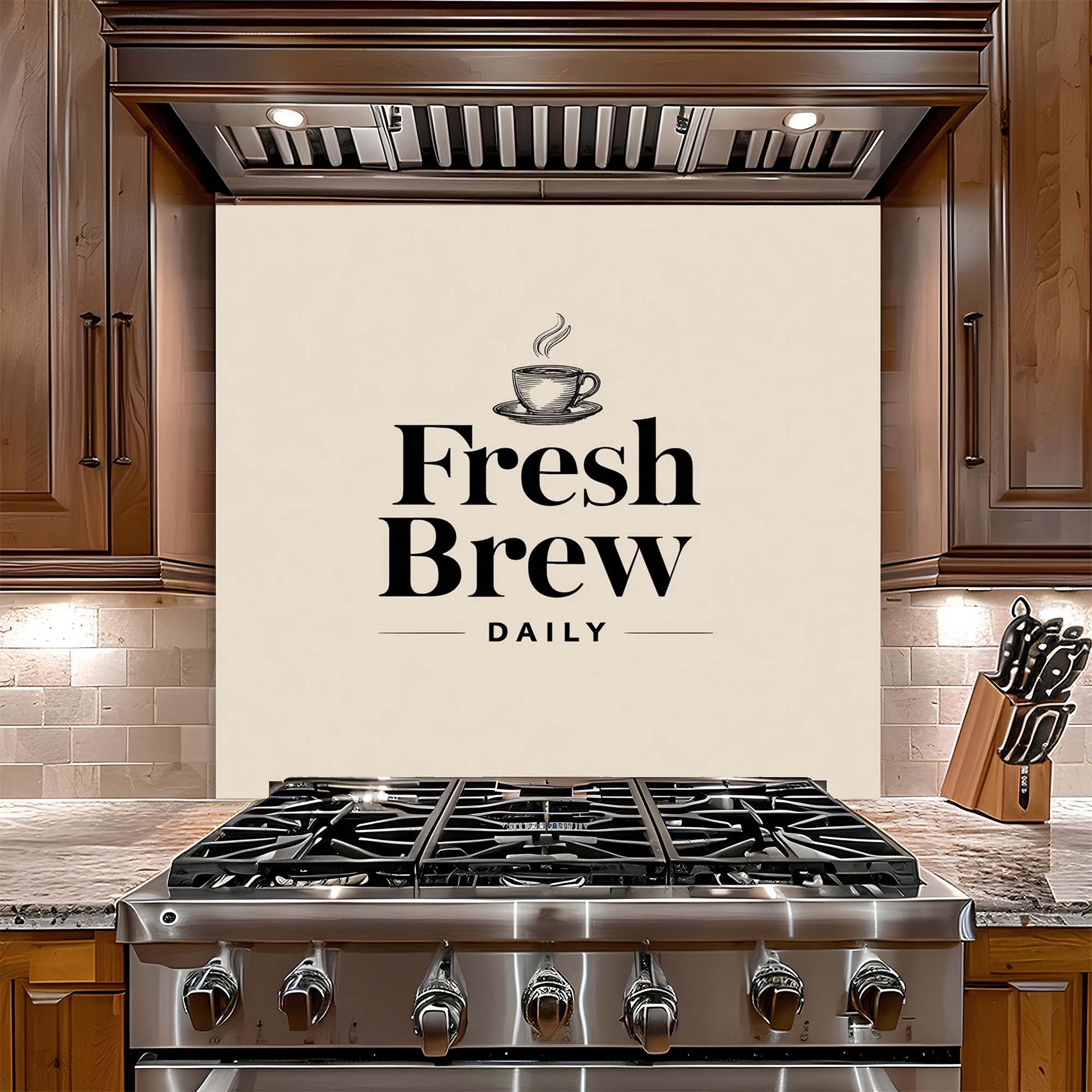 Kitchen with a stove and 'Fresh Brew Daily' glass backsplash
