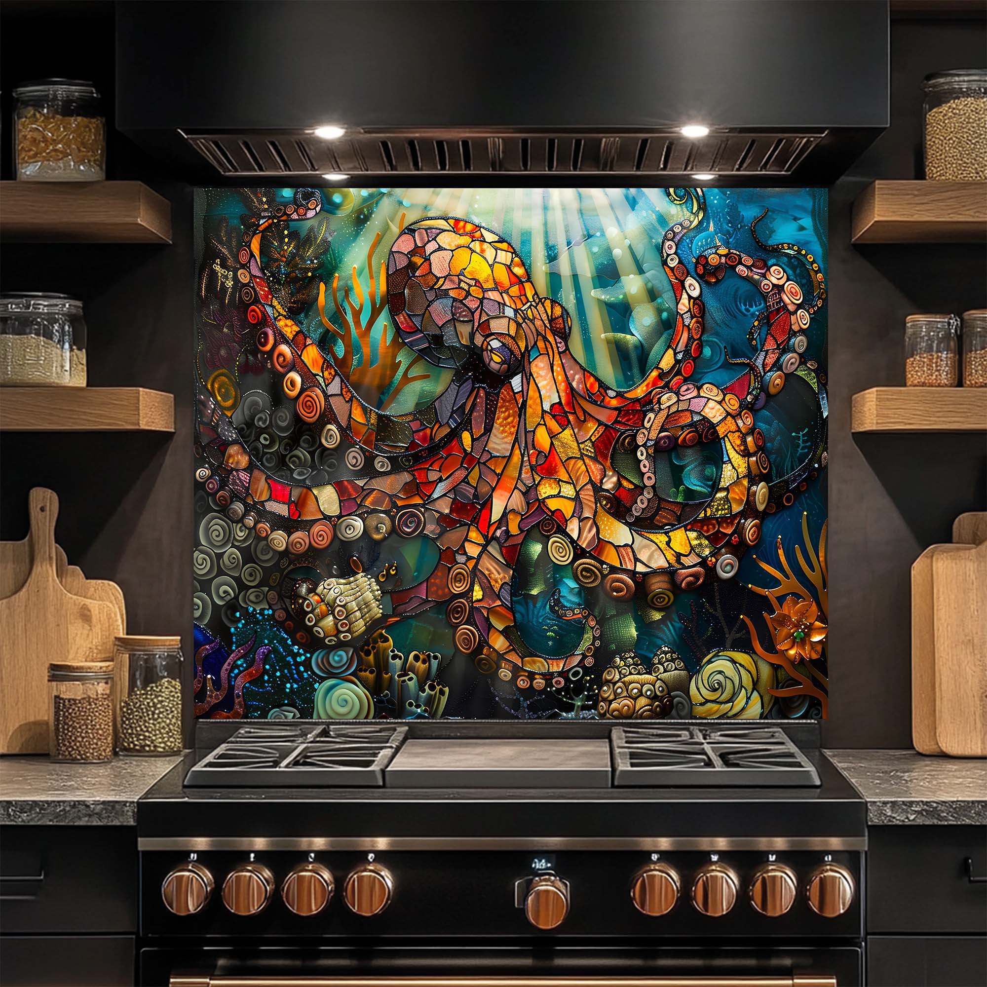 Octopus Odyssey Glass Backsplash – Stained Glass Look Splashback – Bosfori