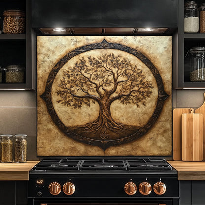 Decorative backsplash with a tree design above a black stove in a kitchen.