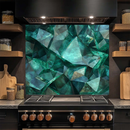 Modern kitchen with a stove and geometric green glass backsplash