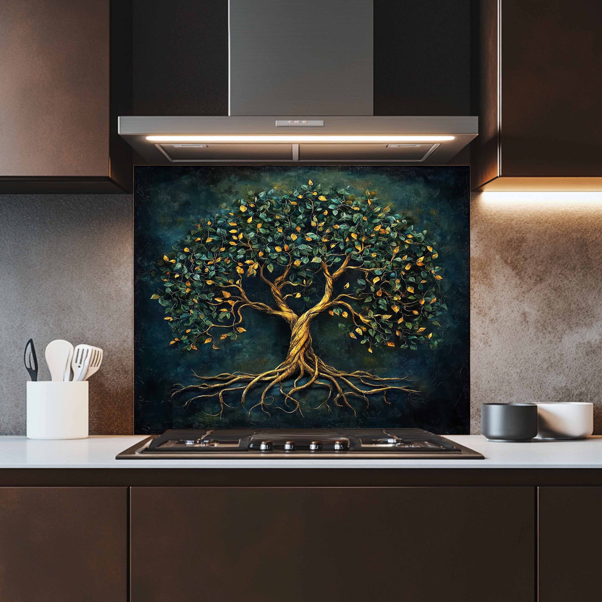 Kitchen with a decorative tree stove backsplash panel above a stove