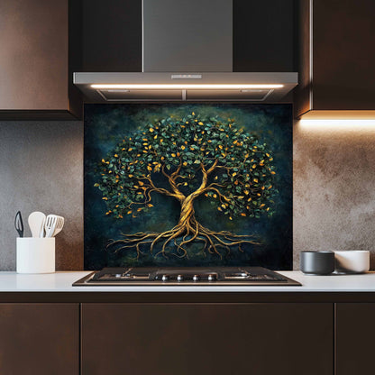 Kitchen with a decorative tree stove backsplash panel above a stove
