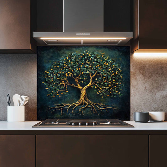 Kitchen with a decorative tree stove backsplash panel above a stove