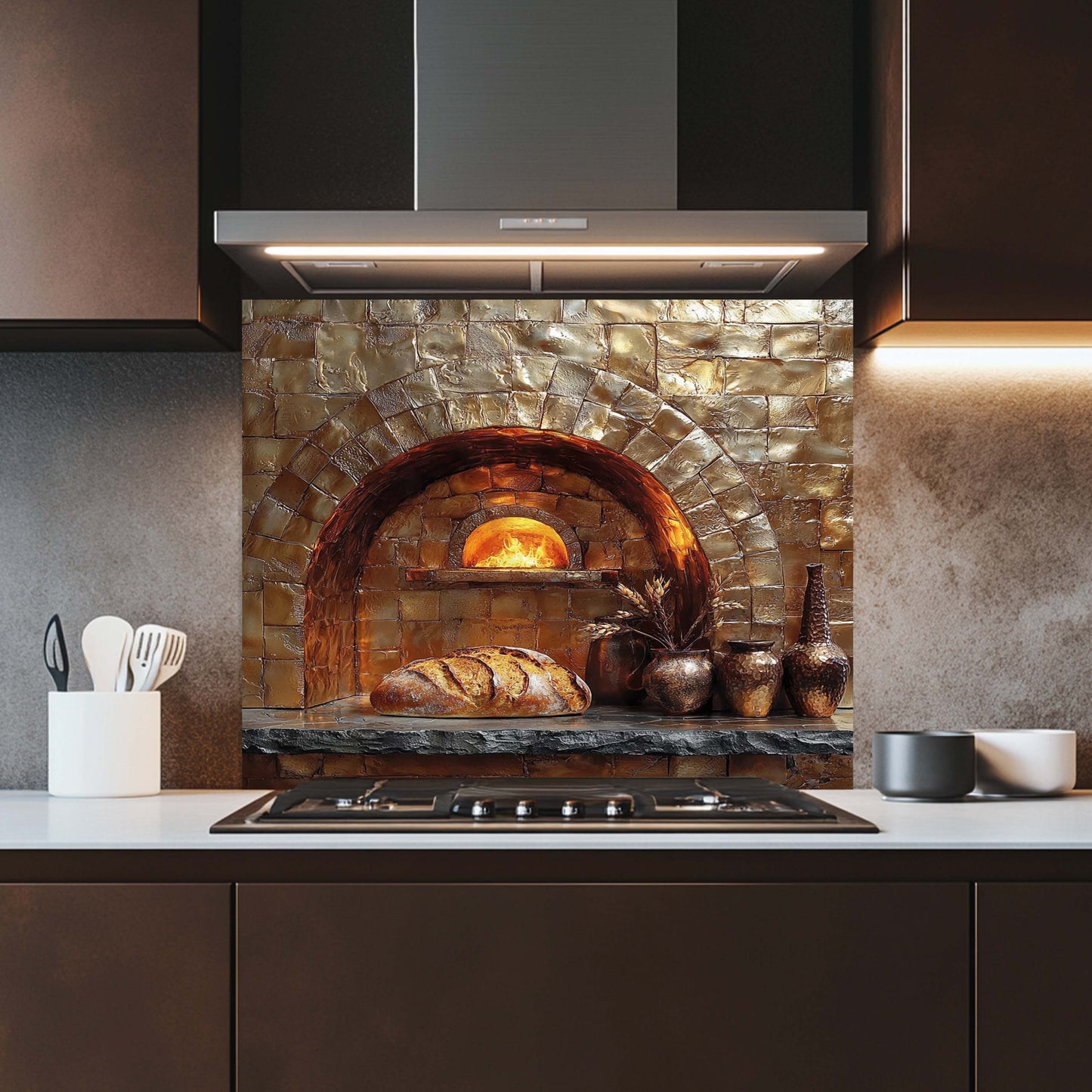 Kitchen with a stone oven backsplash, bread on the counter, and modern appliances.