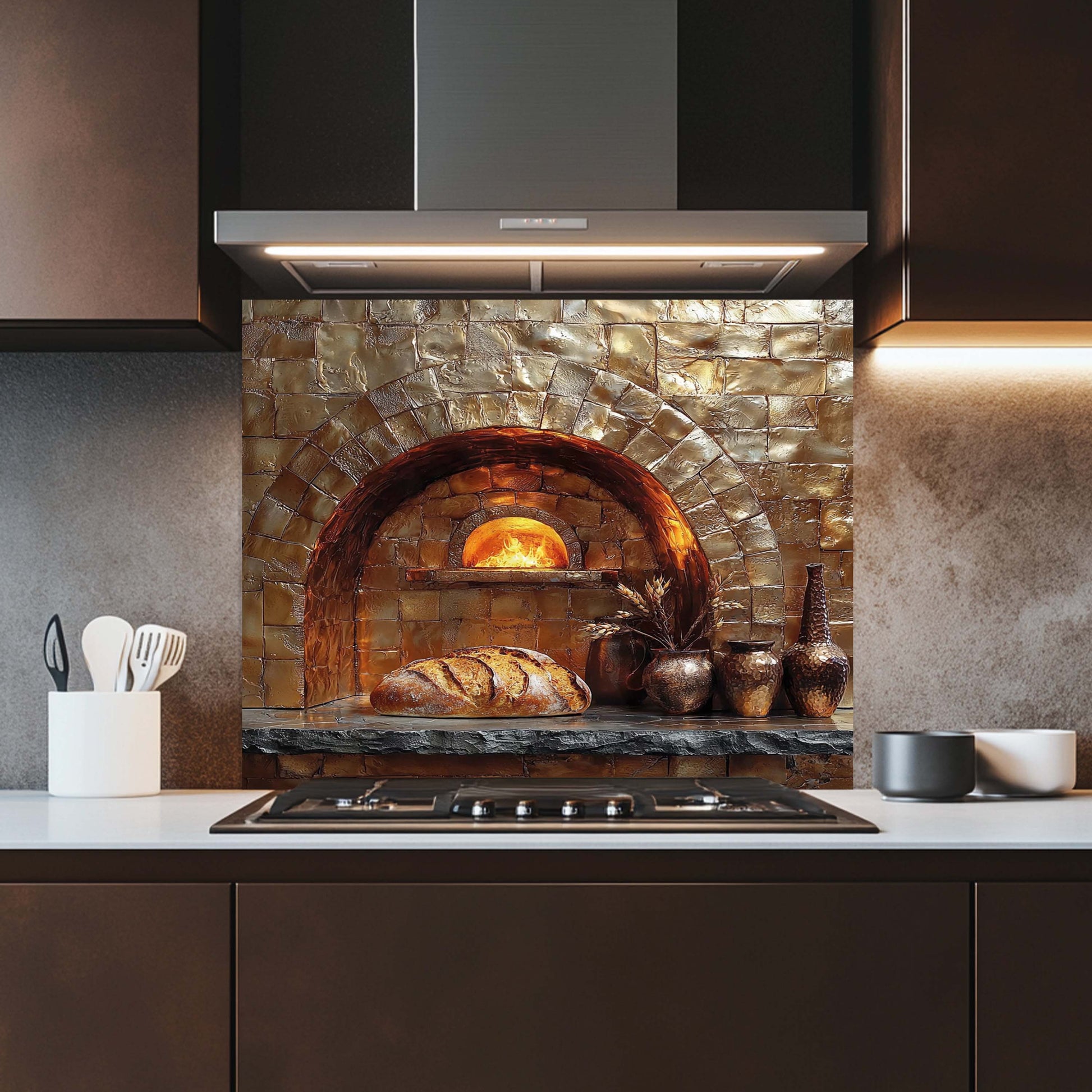 Kitchen with a stone oven backsplash, bread on the counter, and modern appliances.