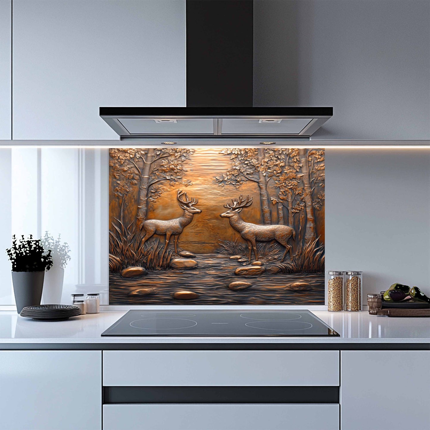 Kitchen with a decorative glass splashback featuring deer in a forest design.