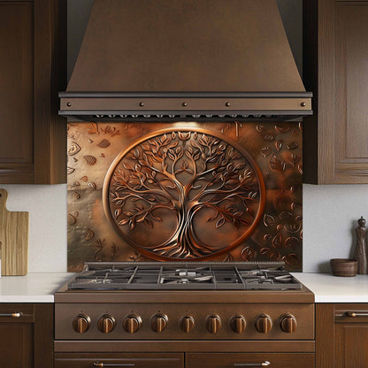 Decorative kitchen backsplash with tree design above a stove in a kitchen.