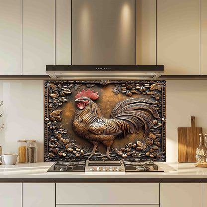 Decorative backsplash with a rooster design in a modern kitchen.