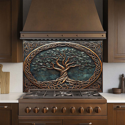 Decorative stove backsplash with tree design in a kitchen setting