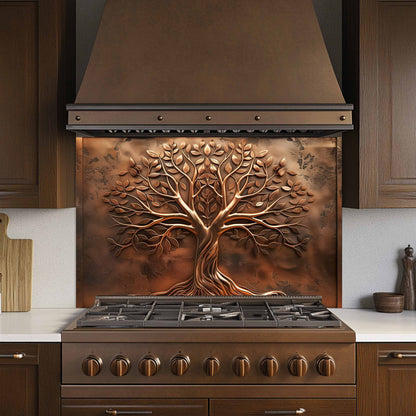 Stainless steel stove with decorative copper tree design on the back splash in a kitchen setting.