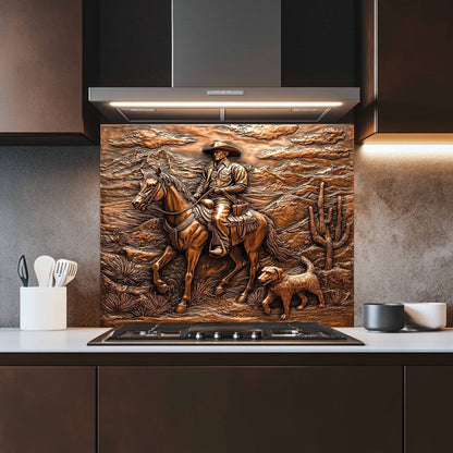 Copper look backsplash of a cowboy on horseback in a kitchen setting.