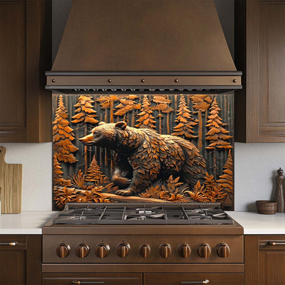 Decorative kitchen range hood with bear and forest design glass backsplash in a rustic kitchen setting.