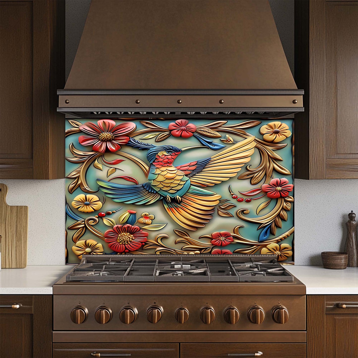 Decorative kitchen backsplash with a colorful bird design above a stove.
