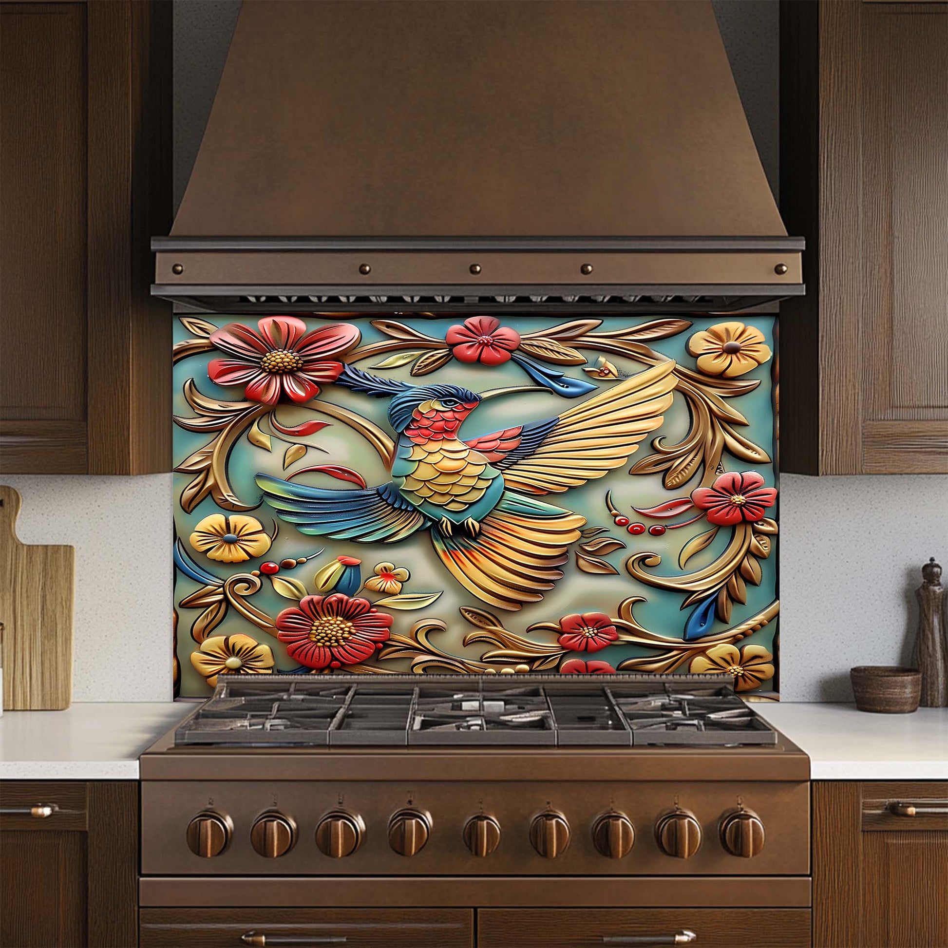 Decorative kitchen backsplash with a colorful bird design above a stove.