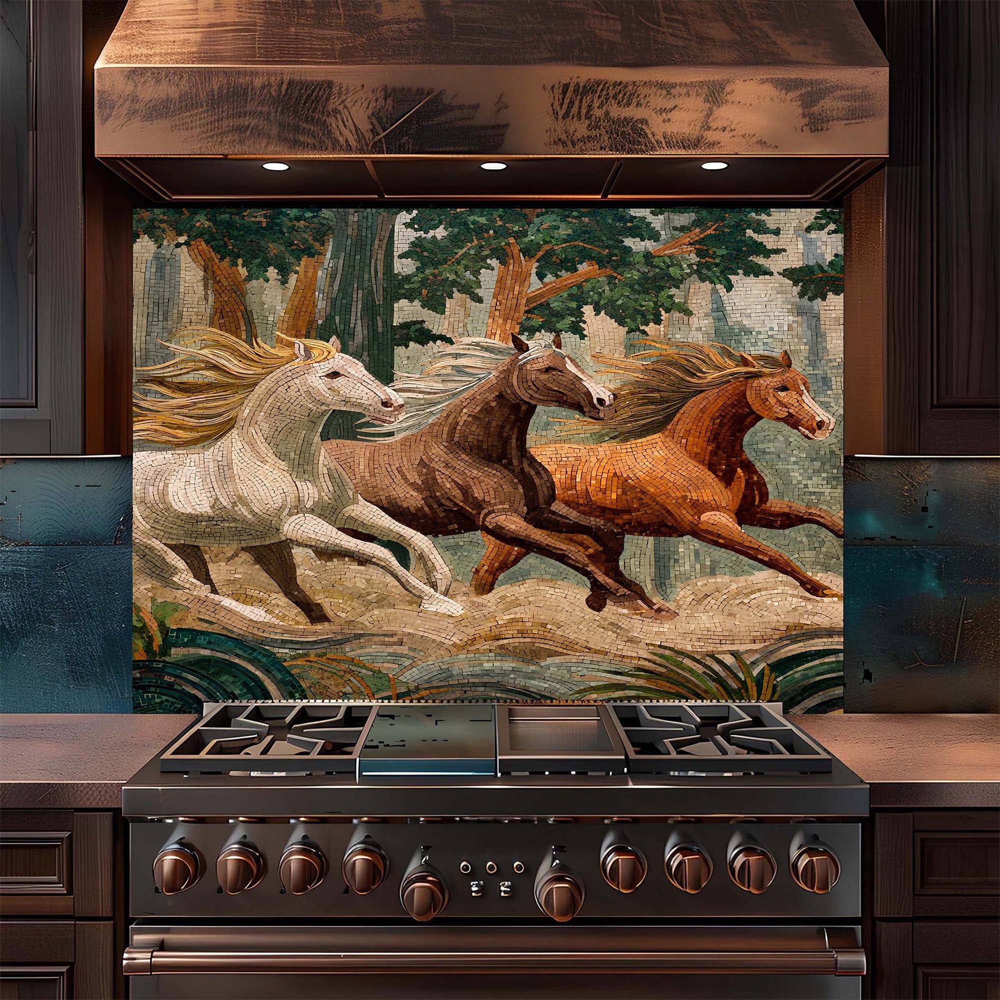 Mosaic-style wild horses running through a forest on tempered glass backsplash, adding movement, warmth, and natural beauty to kitchens.