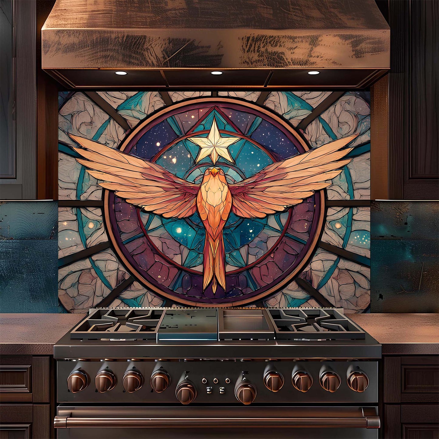 Stainless steel stove with a decorative backsplash featuring a phoenix and star design.