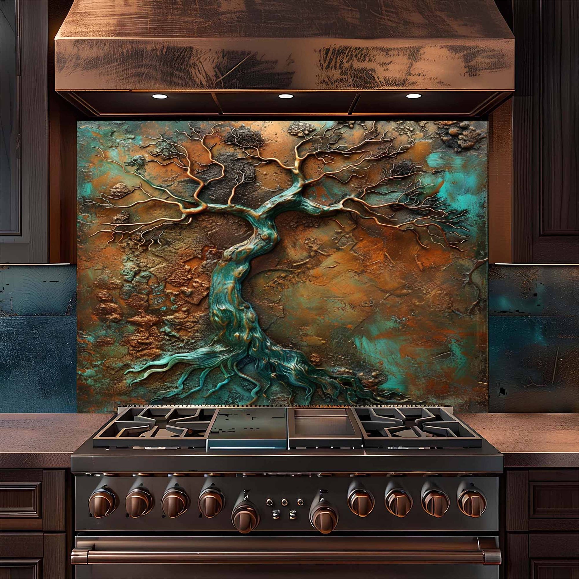 Stainless steel stove with decorative copper look glass backsplash in a kitchen setting