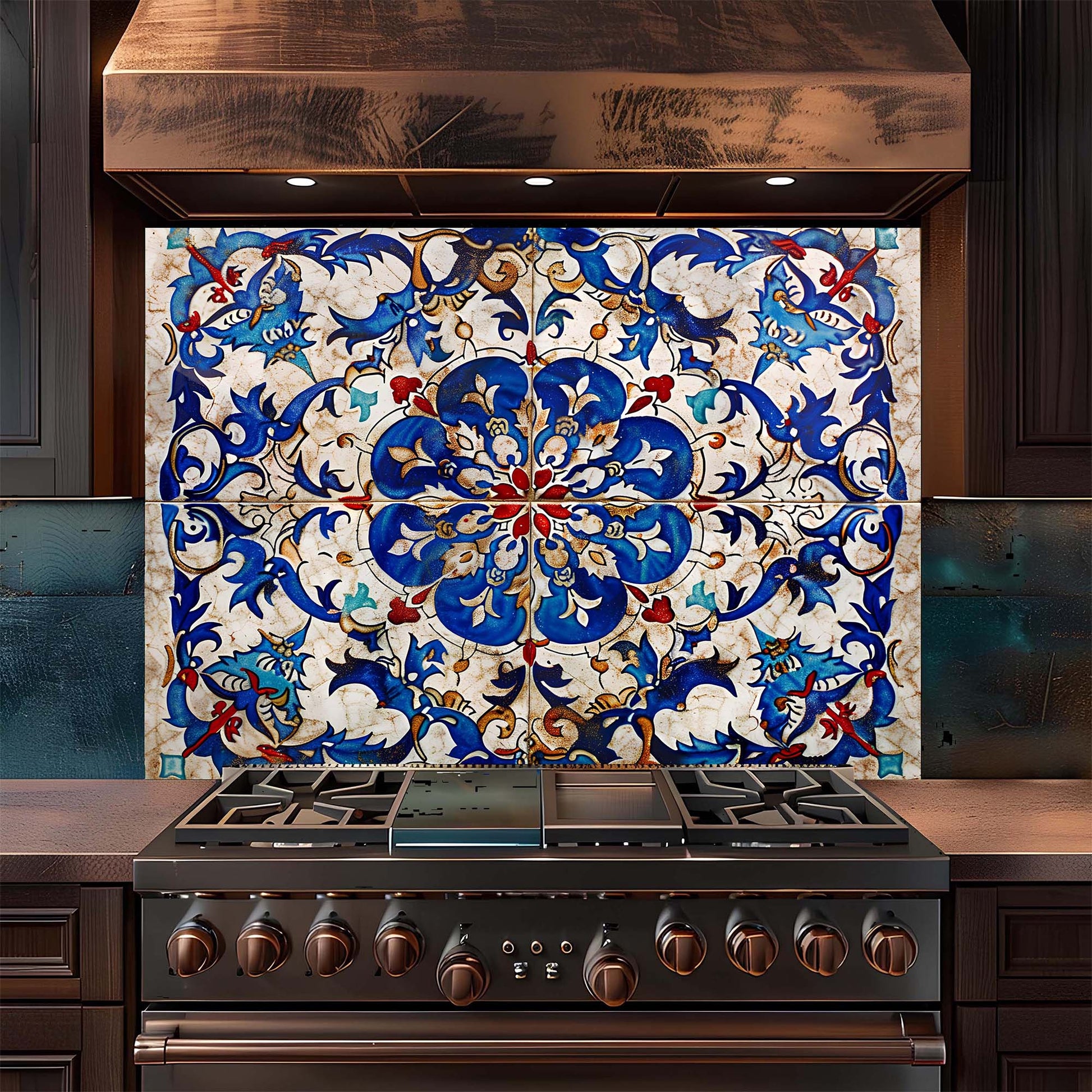 Stovetop with decorative tile backsplash featuring blue and white patterns.