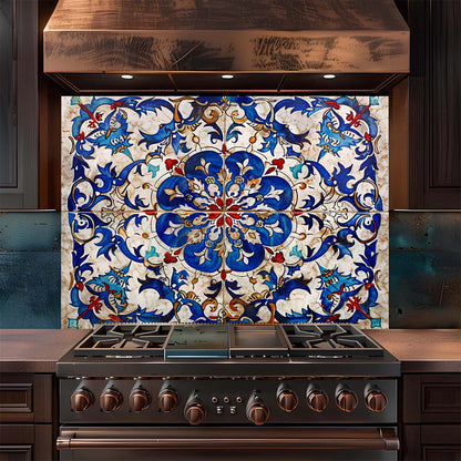 Stovetop with decorative tile backsplash featuring blue and white patterns.