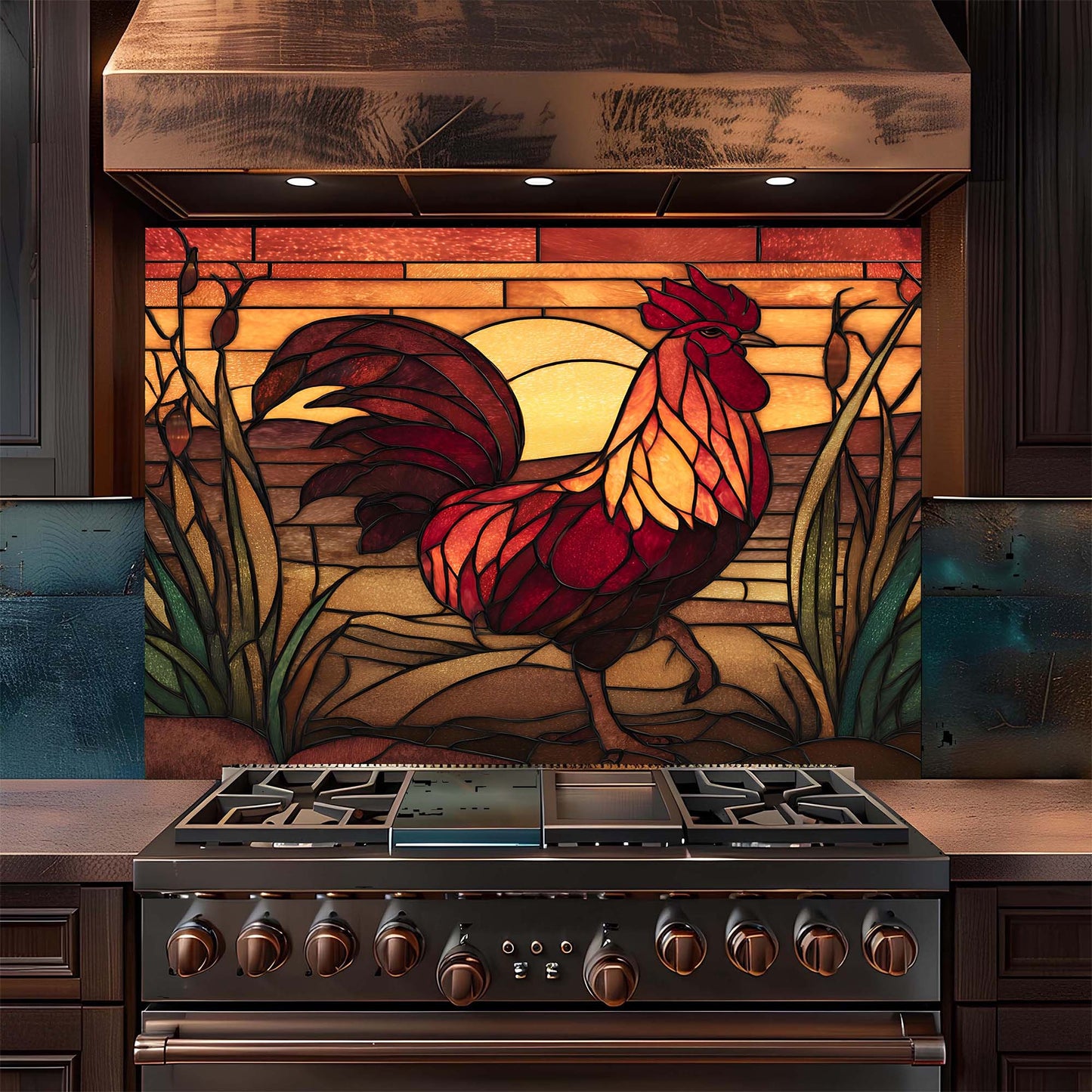 Stainless steel stove with a decorative glass backsplash featuring a rooster design in a kitchen setting.
