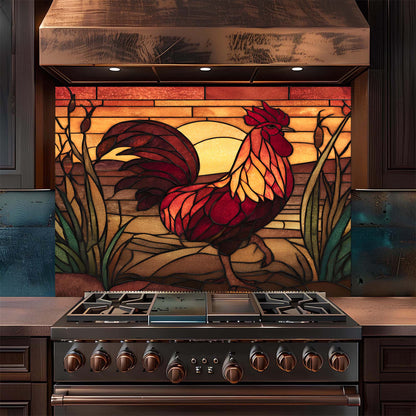 Stainless steel stove with a decorative glass backsplash featuring a rooster design in a kitchen setting.