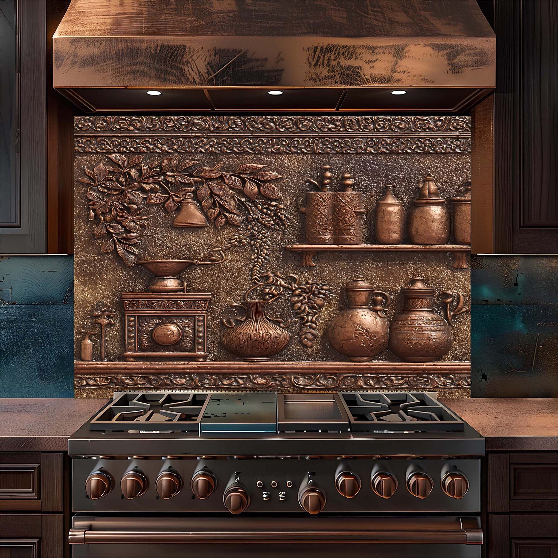 Stainless steel stove with decorative copper look glass backsplash in a kitchen setting