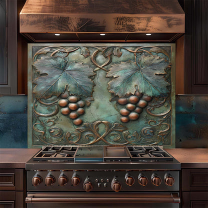 Decorative backsplash with grape design above a stove in a kitchen.