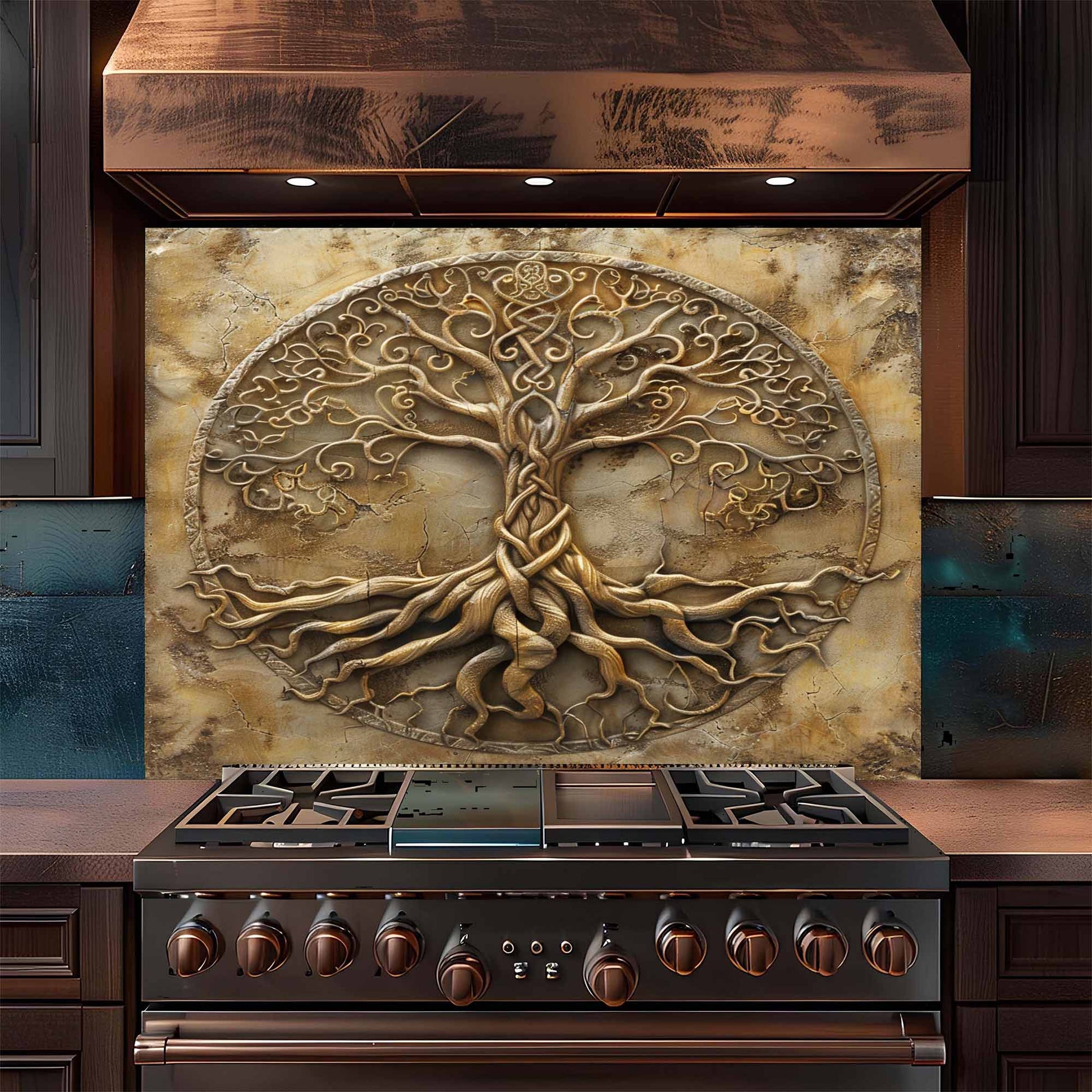 Stainless steel stove with decorative backsplash featuring a tree design in a kitchen setting.